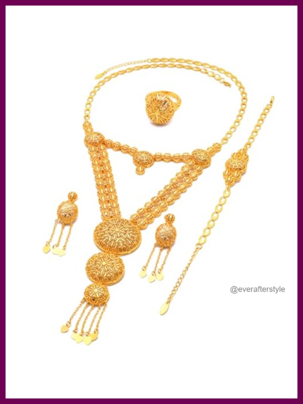 24K Gold Plated Jewelry Set 4Pc Necklace Earrings Ring Bracelet